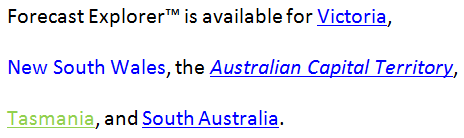 Incorrect example of LNK_AA2ii. Two links are blue and underlined. One link is blue and not underlined. One link is blue, italicised and underlined. One link is green and underlined.