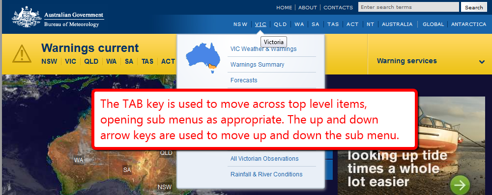 Correct example of KYB_A5ii. A top-level navigational tab is receiving focus and has opened a dropdown menu.