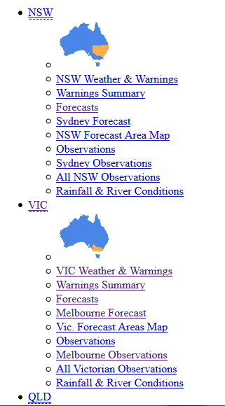Correct Example of SCO_A3 with CSS Off. Links are listed top to bottom: NSW, NSW's sublinks, VIC, VIC's sublinks, QLD.