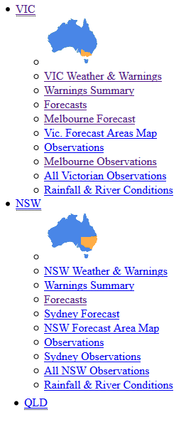 Incorrect Example of SCO_A3 with CSS Off. Links are listed top to bottom: VIC, VIC's sublinks, NSW, NSW's sublinks, QLD.
